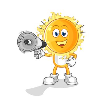 the sun holding hand loudspeakers vector. cartoon characte