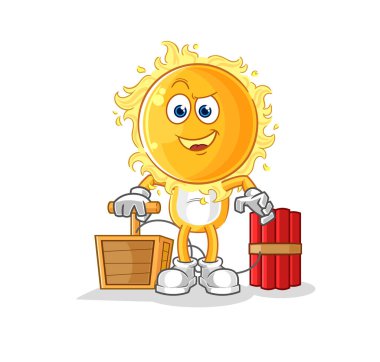 the sun holding dynamite detonator. cartoon mascot vecto