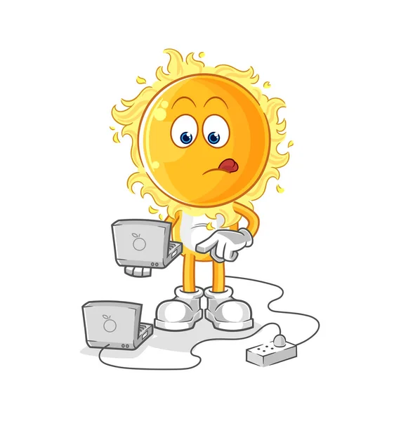 Sun Laptop Mascot Cartoon Vecto — Vetor de Stock