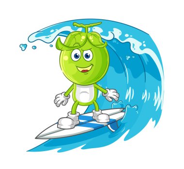 the pea head surfing character. cartoon mascot vecto
