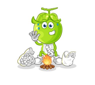 the pea head roasting marshmallows. cartoon mascot vecto