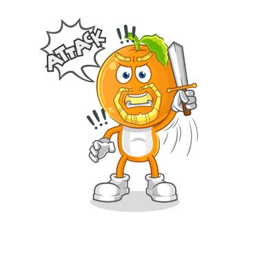 the orange head knights attack with sword. cartoon mascot vecto