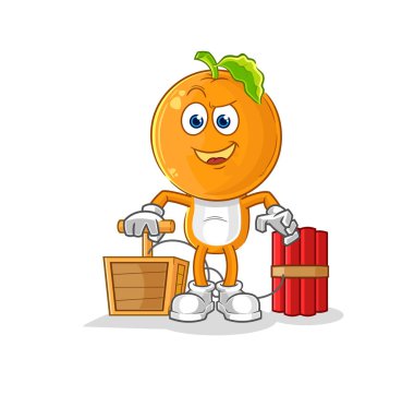 the orange head holding dynamite detonator. cartoon mascot vecto