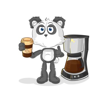 the panda drinking coffee illustration. character vecto