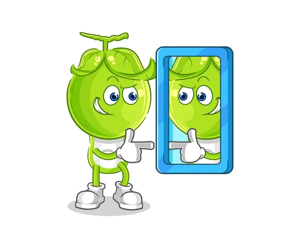 Pea Head Looking Mirror Cartoon Cartoon Mascot Vecto — Vettoriale Stock
