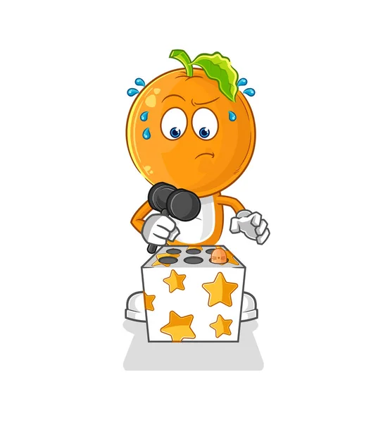Orange Head Play Whack Mole Mascot Cartoon Vecto — Stock Vector