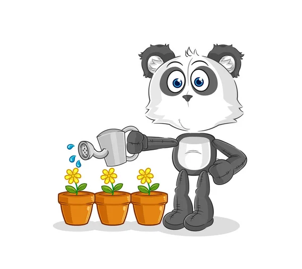 Panda Watering Flowers Mascot Cartoon Vecto — Stock Vector