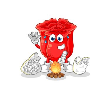 the rose roasting marshmallows. cartoon mascot vecto