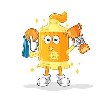 the sunscreen winner with trophie. cartoon characte