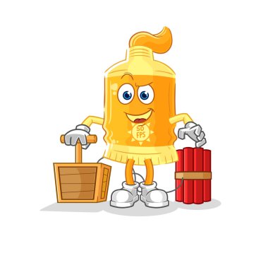 the sunscreen holding dynamite detonator. cartoon mascot vecto
