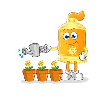 the sunscreen watering the flowers mascot. cartoon vecto