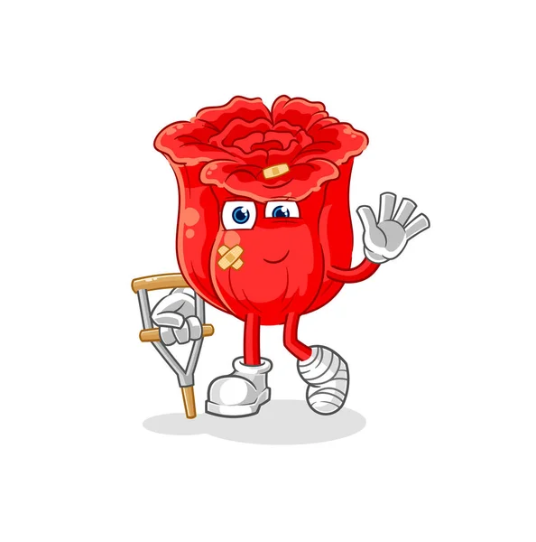Rose Sick Limping Stick Cartoon Mascot Vecto — Archivo Imágenes Vectoriales