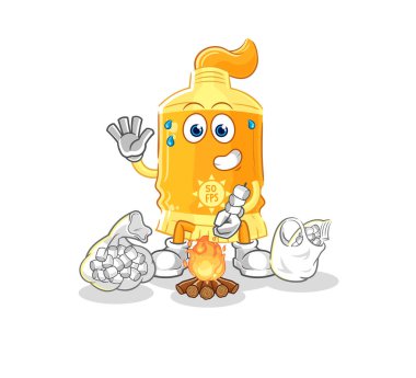 the sunscreen roasting marshmallows. cartoon mascot vecto