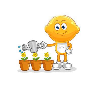 the lemon head watering the flowers mascot. cartoon vecto