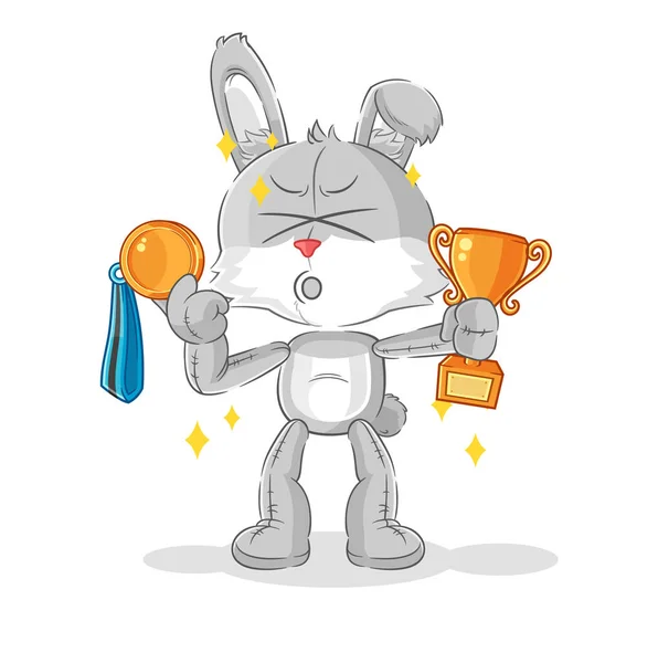 Ganador Del Conejo Con Trophie Caracte Dibujos Animados — Vector de stock