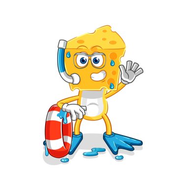 the cheese head swimmer with buoy mascot. cartoon vecto