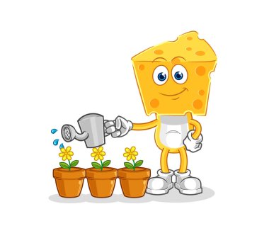 the cheese head watering the flowers mascot. cartoon vecto