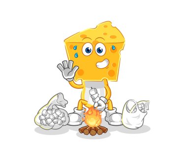 the cheese head roasting marshmallows. cartoon mascot vecto