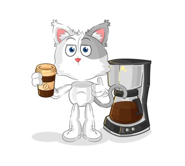 the cat drinking coffee illustration. character vecto