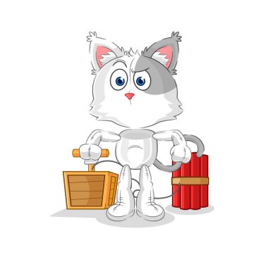 the cat holding dynamite detonator. cartoon mascot vecto
