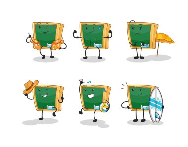 the blackboard beach vacation set character. cartoon mascot vecto