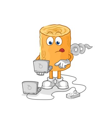 the wooden corkscrew with laptop mascot. cartoon vecto