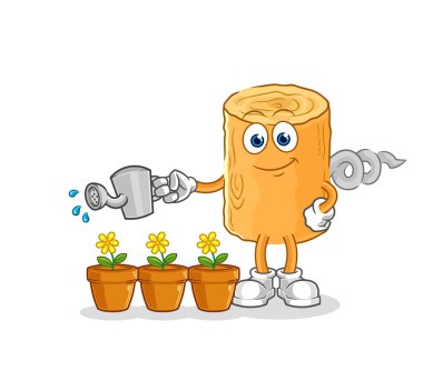 the wooden corkscrew watering the flowers mascot. cartoon vecto