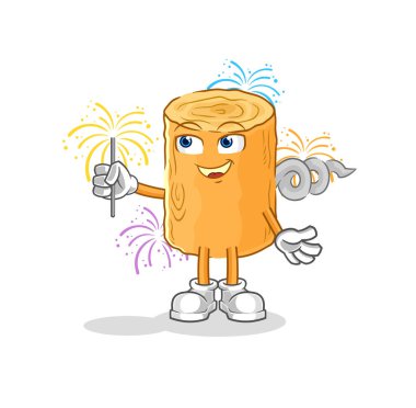 the wooden corkscrew with fireworks mascot. cartoon vecto