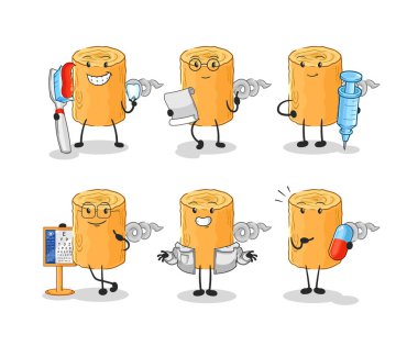 the wooden corkscrew doctor group character. cartoon mascot vecto