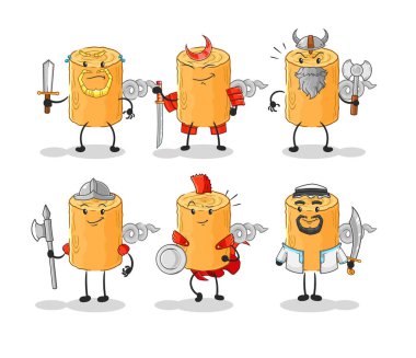 the wooden corkscrew warrior group character. cartoon mascot vecto