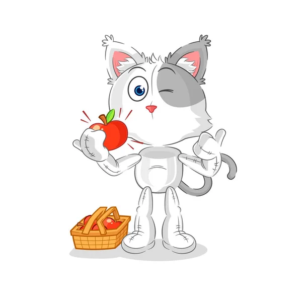 Cat Eating Apple Illustration Character Vecto — Vetor de Stock