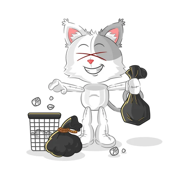 Cat Throw Garbage Mascot Cartoon Vecto — Vector de stock
