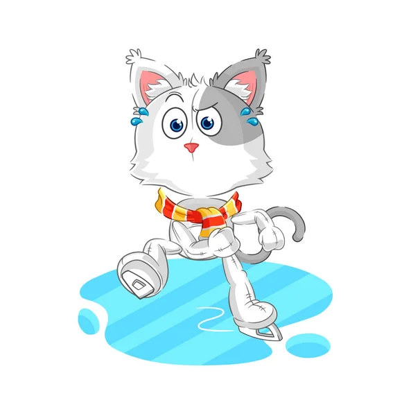 Cat Ice Skiing Cartoon Character Mascot Vecto — Vettoriale Stock