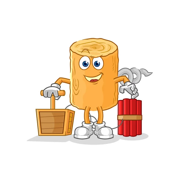 Wooden Corkscrew Holding Dynamite Detonator Cartoon Mascot Vecto — Stock Vector