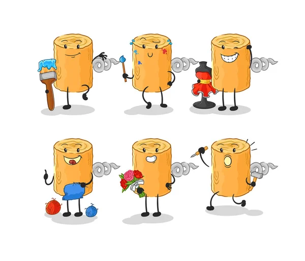 Wooden Corkscrew Artist Group Character Cartoon Mascot Vecto — Vettoriale Stock