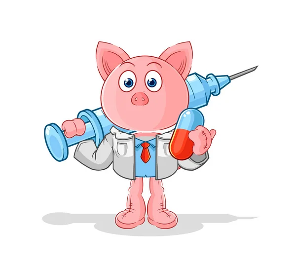 Pig Doctor Holding Medichine Injectio — Stock Vector