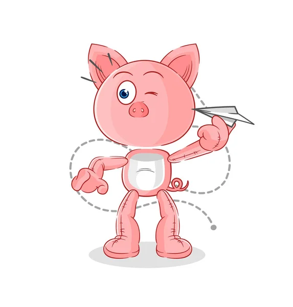 Pig Paper Plane Character Cartoon Mascot Vecto — Vetor de Stock