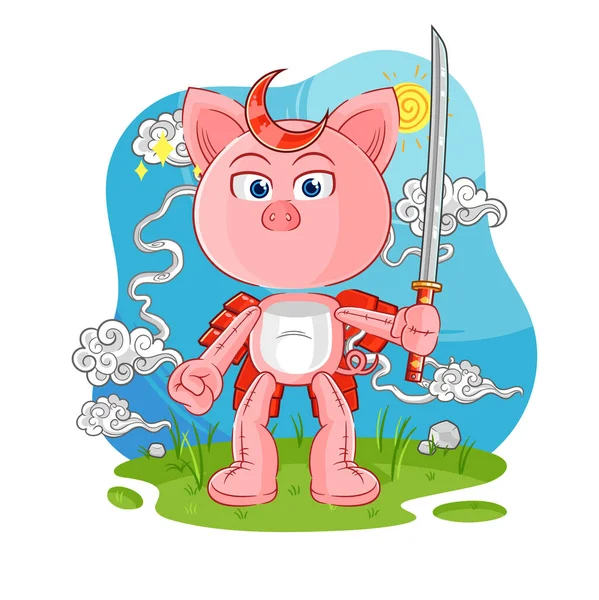 Pig Samurai Cartoon Cartoon Mascot Vecto — Vettoriale Stock