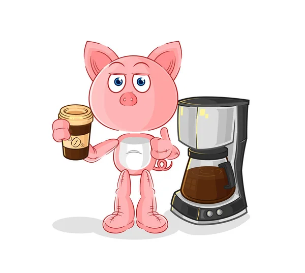 Pig Drinking Coffee Illustration Character Vecto — Image vectorielle