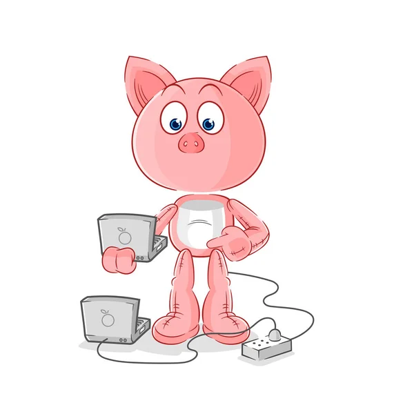 Pig Laptop Mascot Cartoon Vecto — Stock Vector