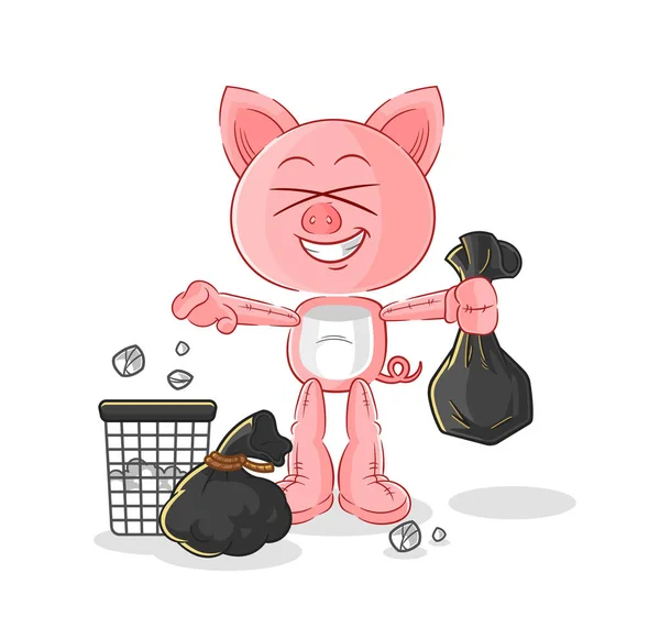 Pig Throw Garbage Mascot Cartoon Vecto — Stock Vector