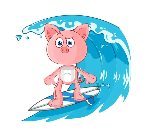 Pig Surfing Character Cartoon Mascot Vecto — Stock Vector