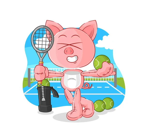 Pig Plays Tennis Illustration Character Vecto — Stock Vector
