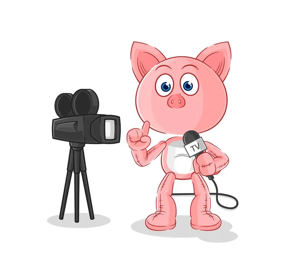 豚のテレビのレポーター漫画です 漫画マスコット ベクトル — ストックベクタ