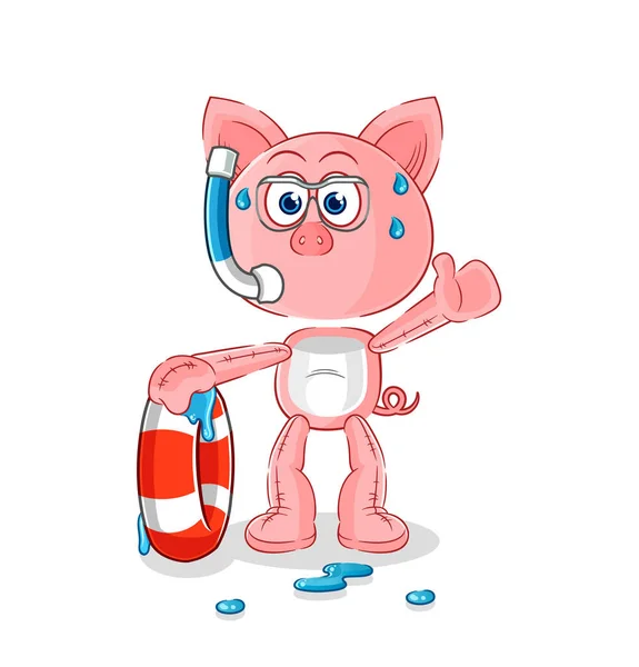 Pig Swimmer Buoy Mascot Cartoon Vecto — Stock Vector