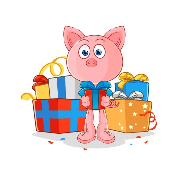 Pig Give Gifts Mascot Cartoon Vecto — Stock Vector