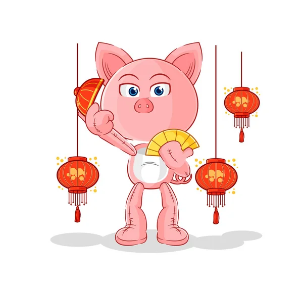 Pig Chinese Lanterns Illustration Character Vecto — Stock Vector