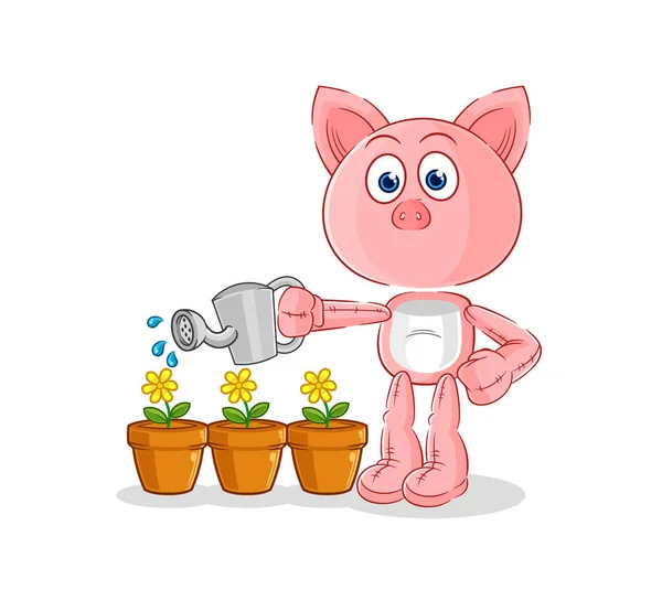 Pig Watering Flowers Mascot Cartoon Vecto — Stock Vector