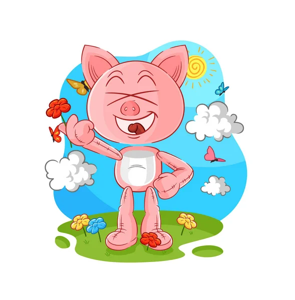 Pig Pick Flowers Spring Character Vecto — Stock Vector