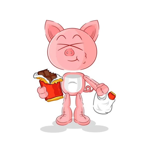 Pig Eat Chocolate Mascot Cartoon Vecto — Stock Vector